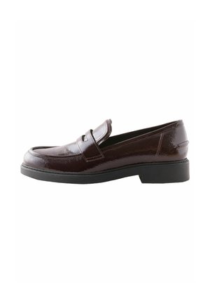 Burgundy patent leather loafer with a rounded toe, low block heel, and a decorative strap across the instep. Smooth texture and glossy finish.