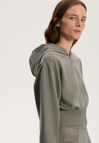 Giacca a cappuccio grigio chiaro con finitura liscia, zip anteriore e vita aderente. Presenta maniche lunghe e ampie e una vestibilità comoda.