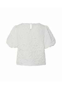 Blusa bianca a trama con maniche corte a palloncino, caratterizzata da una scollatura a chiave sul retro. Il materiale sembra leggero con una finitura morbida e arricciata.