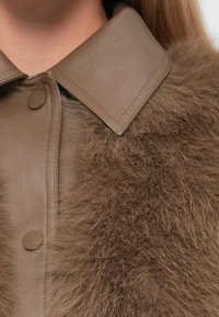 Nahaufnahme eines braunen Lederkragens und der Knöpfe an einem Mantel mit einer weichen, flauschigen Fellstruktur im Schulterbereich.