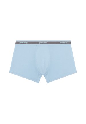 Light blue boxer shorts made of soft fabric, featuring a gray elastic waistband with the "yamamay" logo. Simple design with a contoured pouch.