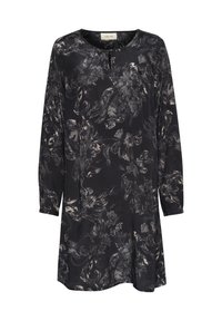 Schwarz gemustertes Tunika-Kleid mit langen Ärmeln, runden Ausschnitt und lockerer Passform. Mit aufwendigen grauen und beigen Blumenmustern.