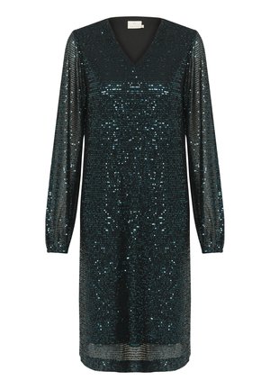 Tanssimekko tumman teal-värisessä kankaassa, jossa on pitkät hihat, V-pääntie, kimalteleva pinta ja suora leikkaus. Mekossa on vaakasuorat raidat helman kohdalla.