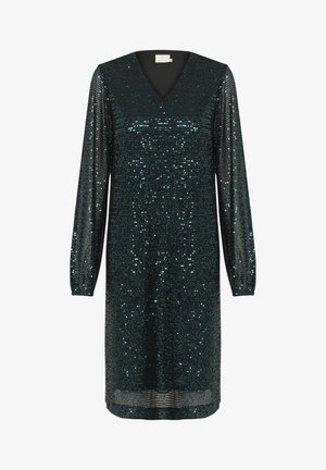Sukienka z cekinami w ciemnym zielonkawym kolorze, z długimi rękawami, dekoltem w kształcie litery V, błyszczącą teksturą oraz prostym krojem, z poziomymi paskami przy dolnej krawędzi.