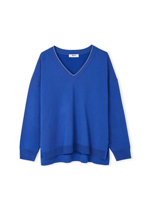 V-neck, long-sleeve sweater in bright blue, featuring a ribbed hem and cuffs. Made from textured knit fabric with a relaxed fit.