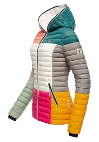 Multicolore pufferjack met capuchon, met een gewatteerde textuur en secties in teal, koraal, wit, grijs, roze en oranje. Ritszakken.