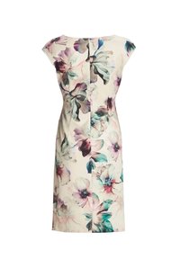 Robe fourreau crème avec grand imprimé floral aquarelle dans des nuances de violet, sarcelle et vert, avec manches courtes et fermeture éclair dans le dos.