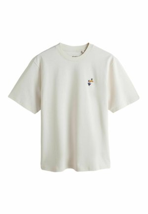 White short-sleeve crewneck t-shirt with small colorful toucan embroidery on the left chest.
