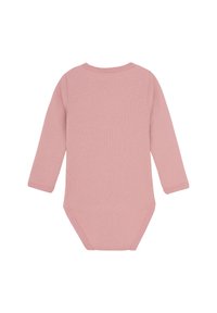 Langærmet babybodysuit i blød lyserød, lavet af ribbet stof. Har en rund halsudskæring og trykknaplukning i bunden.