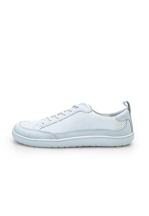 Light blue athletic shoe featuring a mesh upper, round toe, and a smooth rubber sole. Notable details include tonal stitching and back tab.