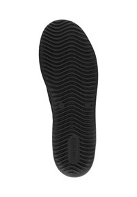 Semelle de chaussure en caoutchouc noir avec un motif de semelle ondulé, comportant des marquages de marque et de taille. Texturée pour la prise et la stabilité.