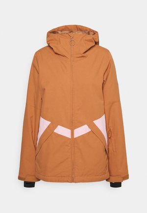 Bruine gewatteerde jas met capuchon en ritssluiting aan de voorkant, roze chevron-detail op de taille en een ritssluitingzak op de mouw.