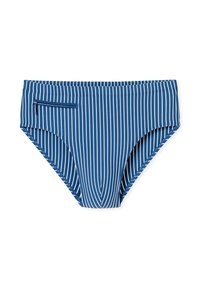 Slip de bain bleu pour hommes avec de fines rayures verticales blanches et une petite poche zippée sur le côté gauche.