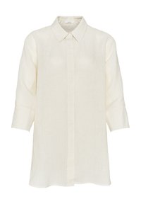 Cream-colored linen shirt with a button-up front, classic collar, and three-quarter sleeves. Textured fabric with subtle stripe pattern.