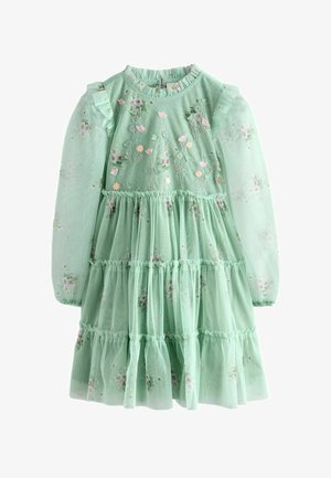 Mintgrøn lagdelt tylldress med lange gennemsigtige ærmer, flæse detaljer og delikat pink og hvid blomsterbroderi over det hele.