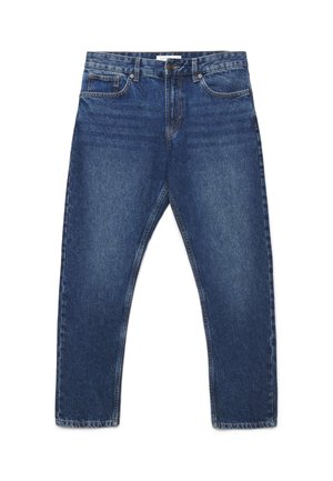 Jeans in denim blu con cinque tasche, chiusura con bottoni e gambe dritte, mostrati su sfondo bianco.