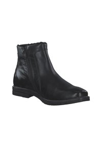 Botín negro de cuero con acabado suave, punta afilada, cremallera lateral y suela texturizada para un mejor agarre. Diseñado para un uso casual.