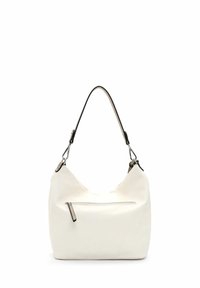 White faux leather shoulder bag with a black strap, slouchy design, silver zipper detail on front, smooth texture, and minimalistic shape.
