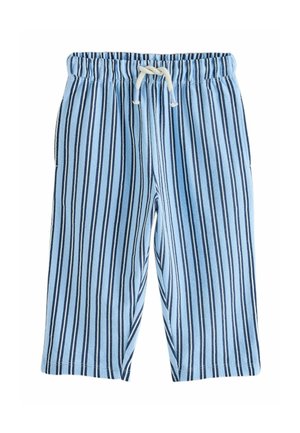 Light blue pants with vertical dark blue and white stripes, elastic waistband, and white drawstring, laid flat on a white background.