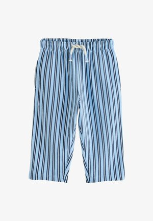 Helehallid püksid, millel on vertikaalsed tumesinised ja valged triibud, elastne vöökoht ja valge tõmbanöör, laotatud laiali valgel taustal.