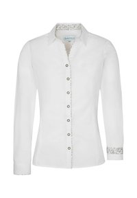 Witte blouse met lange mouwen en knopen aan de voorkant, voorzien van bloemenpatroon accenten op de manchet en kraag. Gemaakt van lichtgewicht stof.
