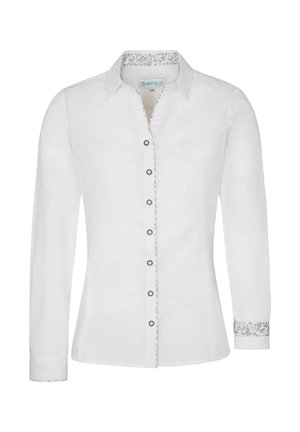 Chemise blanche à manches longues avec une fermeture à boutons, agrémentée de motifs floraux aux poignets et au col. Fabriquée en tissu léger.