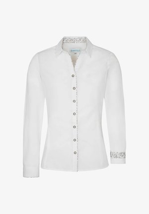 Witte blouse met lange mouwen en knopen aan de voorkant, voorzien van bloemenpatroon accenten op de manchet en kraag. Gemaakt van lichtgewicht stof.