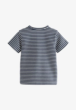 T-shirt à manches courtes rayé en bleu marine et blanc. Tissu doux et léger avec un col rond. Vue arrière montrant des rayures horizontales régulières.