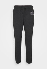 Ciemnoszare dresy z elastycznym pasem na sznurek, w slim-fit, z białym haftowanym logo "GAP" na lewym udzie.
