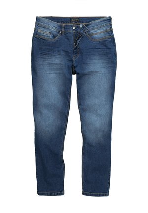 Dunkelblaue Jeans mit geradem Bein. Sie verfügen über fünf Taschen, einen Reißverschluss und dezente Ausbleichungen entlang der Oberschenkel und Knie.