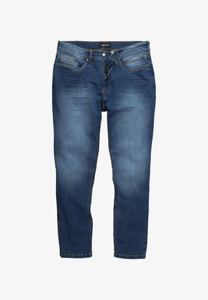 Jean en denim bleu foncé avec une coupe droite. Comprend cinq poches, une fermeture éclair et un léger délavage au niveau des cuisses et des genoux.