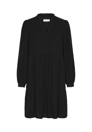 Black dress with a V-neck, long puffed sleeves, textured fabric, and tiered design. Features scalloped edges and subtle woven pattern.
