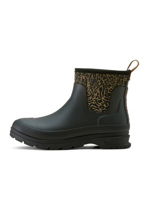 Black rubber ankle boot with a brown animal print upper, textured finish, and a pull tab at the back. Treaded black sole for grip.