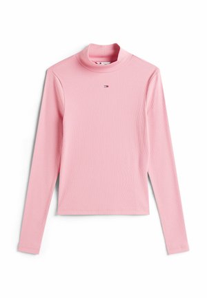 Maglietta a maniche lunghe color rosa chiaro con collo alto, realizzata in materiale a costine, con un piccolo logo sul petto e un design aderente.