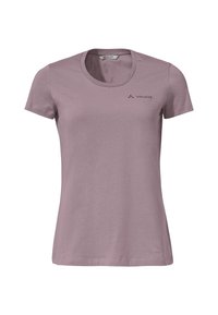 Krátký rukáv, fialový tričko vyrobené z měkké bavlny, s kulatým výstřihem a malým tmavým logem na levé části hrudi.