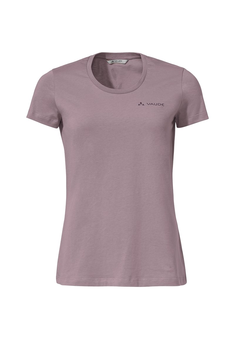 Krátký rukáv, fialový tričko vyrobené z měkké bavlny, s kulatým výstřihem a malým tmavým logem na levé části hrudi.
