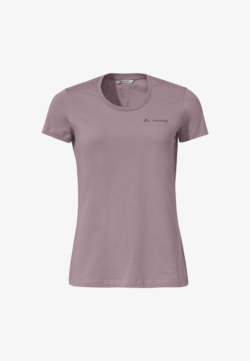 Krátký rukáv, fialový tričko vyrobené z měkké bavlny, s kulatým výstřihem a malým tmavým logem na levé části hrudi.