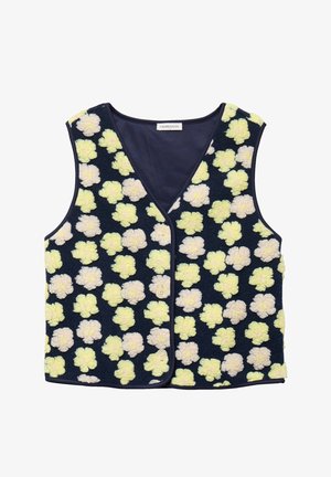 Chaleco sin mangas azul marino con botones delanteros, cubierto de patrones de flores amarillas y blancas esponjosas, tejido de textura suave.