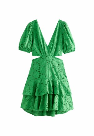 Green eyelet dress with deep V-neck, puff sleeves, cut-out waist, and tiered ruffled skirt.