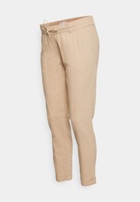 Pantaloni in lino beige con fascia elastica in vita e coulisse. Design aderente con gambe affusolate e senza motivi o accessori visibili.