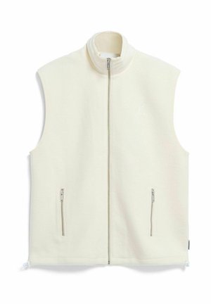 Elfenbeinfarbene ärmellose Fleeceweste mit durchgehendem Frontreißverschluss, zwei Reißverschlusstaschen an den Seiten und einem Stehkragen.