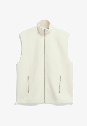Elfenbeinfarbene ärmellose Fleeceweste mit durchgehendem Frontreißverschluss, zwei Reißverschlusstaschen an den Seiten und einem Stehkragen.