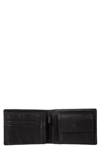 Billetera bifold de cuero negro abierta plana mostrando los compartimentos para tarjetas, un bolsillo con cremallera para monedas y un compartimento con tapa.