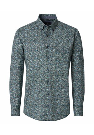 Langärmeliges Hemd zum Knöpfen mit kleinem Blumenmuster in Dunkelblau, Grün und Weiß sowie einem klassischen Kragen.