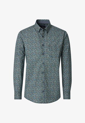 Langärmeliges Hemd zum Knöpfen mit kleinem Blumenmuster in Dunkelblau, Grün und Weiß sowie einem klassischen Kragen.