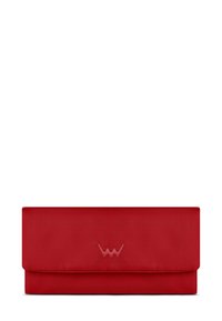 Red fabric wallet with a fold-over design. Features a subtle embossed logo, smooth texture, and clean lines.