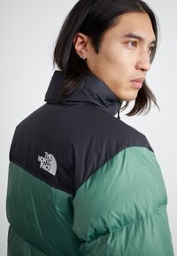A North Face puffázott dzseki fekete felső részzel és zöld alsó részel rendelkezik, fényes textúrával és logóval a hátsó részen. Magas galléros kialakítás.