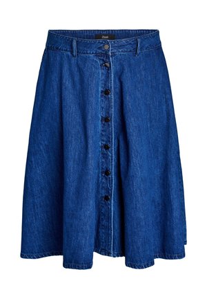 Blauer Jeansrock in A-Linie mit schwarzen Knöpfen vorne und Gürtelschlaufen an der Taille, mit dem Label Zizzi.
