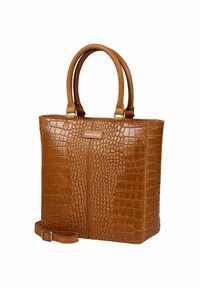 Braune Handtasche aus Leder mit Krokodilprägung, mit doppelten Griffen und einem abnehmbaren Schultergurt, rechteckige Form mit Burkely-Logo.