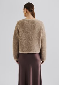 En beige, fluffy cropped genser med lange ermer, avsluttet med en myk kant. Kombinert med et mørkebrunt satengskjørt, glatt tekstur, elegant passform.